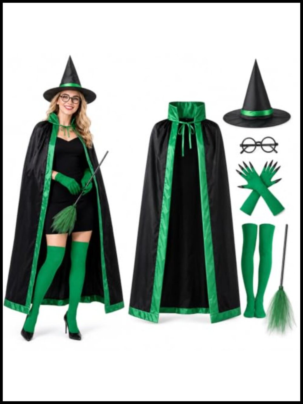 Women's Black Cape and Green Trim Witch Costume Set